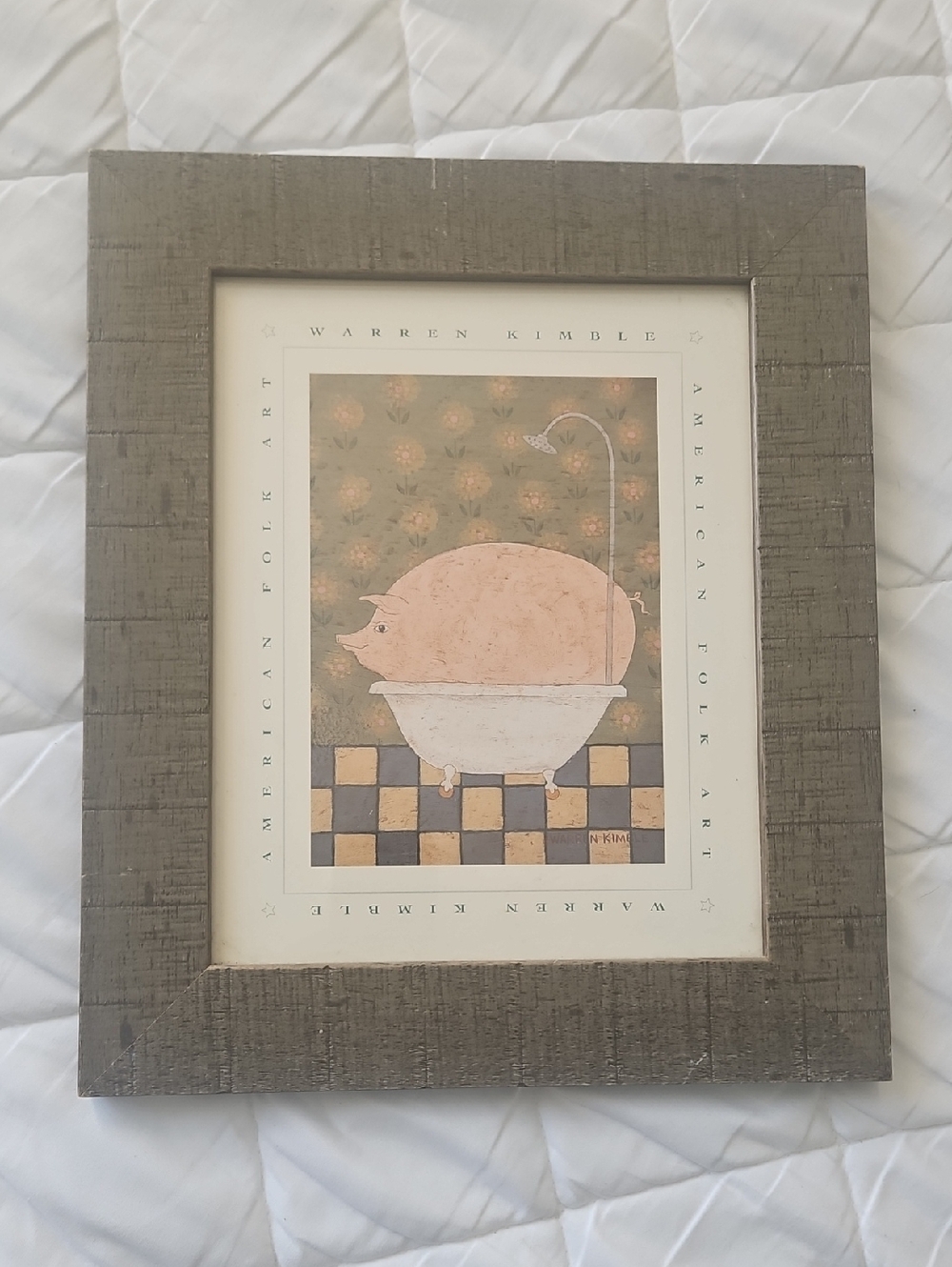 Warren Kimble Pig in Tub Framed Wall Art - Gray Frame, Pink & Cream Artwork